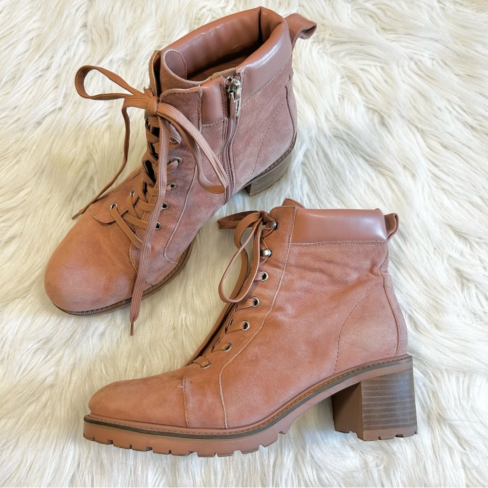 Vince Camuto Gaviana Pink Suede Lace Up Combat Boots Block Heel Womens 11W - Picture 2 of 11